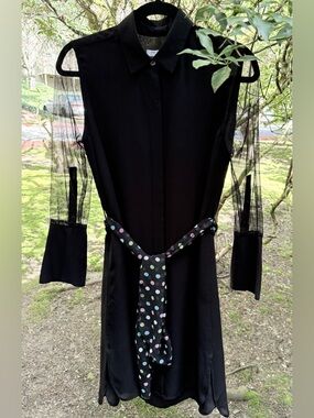 Element Black Long-Sleeve Sheer-Panel Button Dress